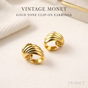 Vintage Monet Gold Tone Clip-On Earrings | Sculptural Ribbed Statement